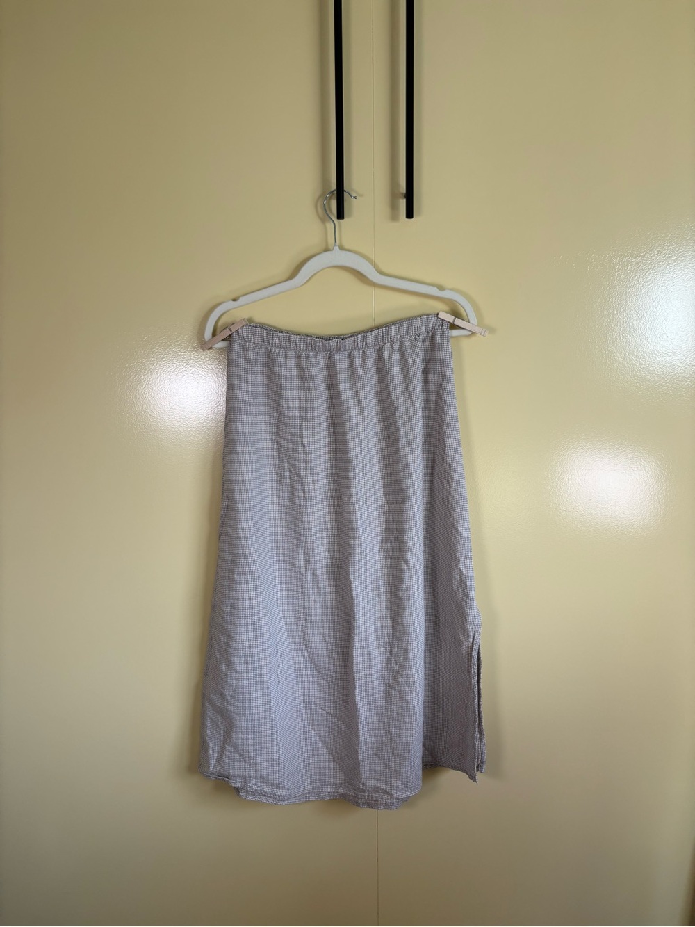 Eileen Fisher Tan Mini Plaid Midi Skirt with Side Slit and Elastic Waist